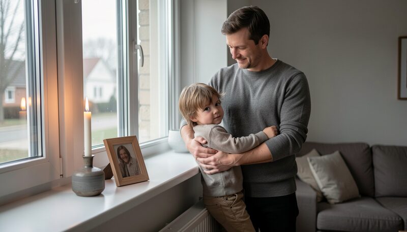 Muž a dítě stojí u okna v obývacím pokoji, na parapetu hoří svíčka vedle fotografie bez čitelného textu, dítě se opírá o otcovu paži, šedé odpolední světlo