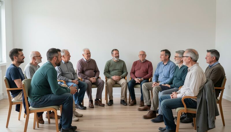 Skupina mužů sedí v kruhu na židlích v komunitní místnosti, na stěně je nástěnka bez čitelného textu, denní světlo